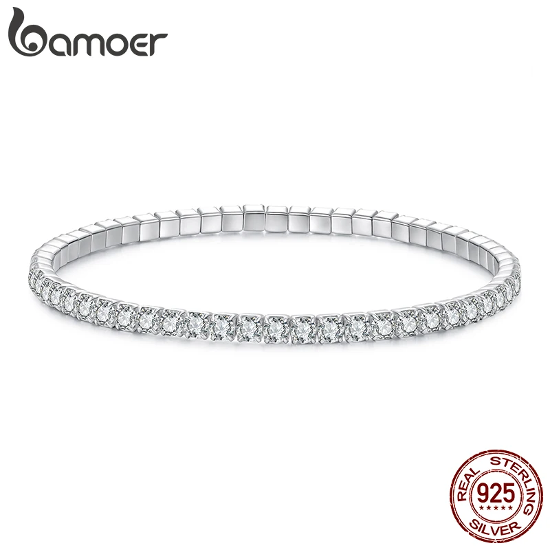 BAMOER 925 Sterling Silver Luxury Full-Pavé Tennis Bracelet Stretchable Round Cubic Zirconia Chain Classic Women Wedding Gift