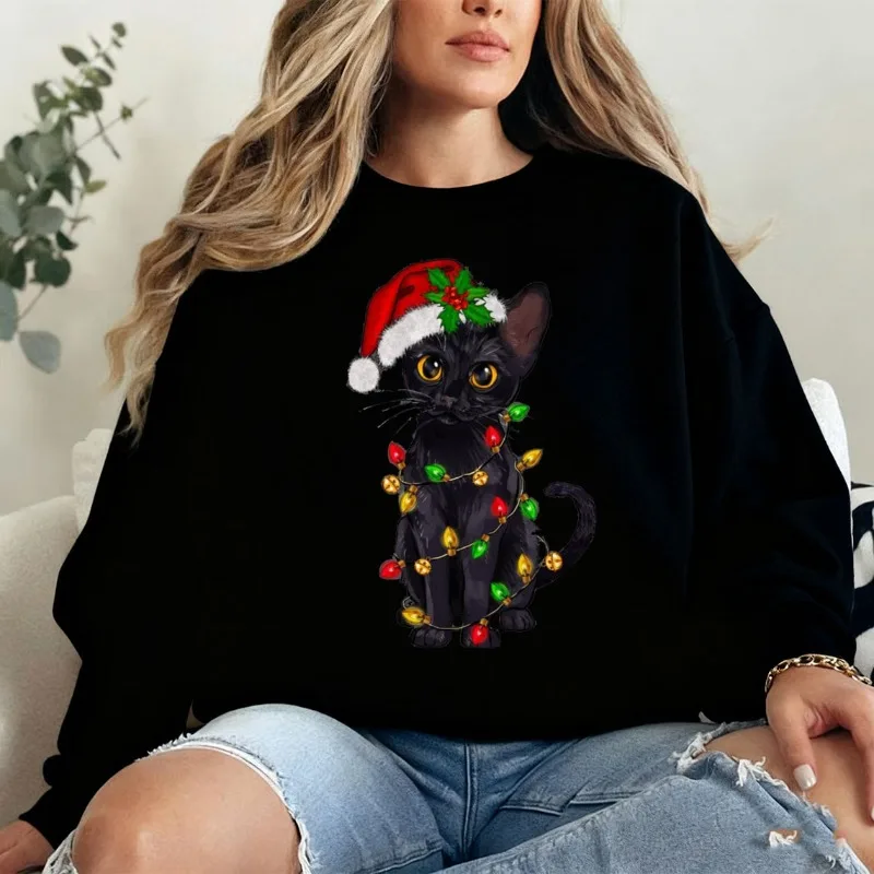 عيد الميلاد سترة القطة السوداء، قميص أضواء عيد الميلاد القط الأسود، قميص عيد الميلاد هريرة عطلة القط عاشق المحملة الهدايا الحرارية هوديي #4