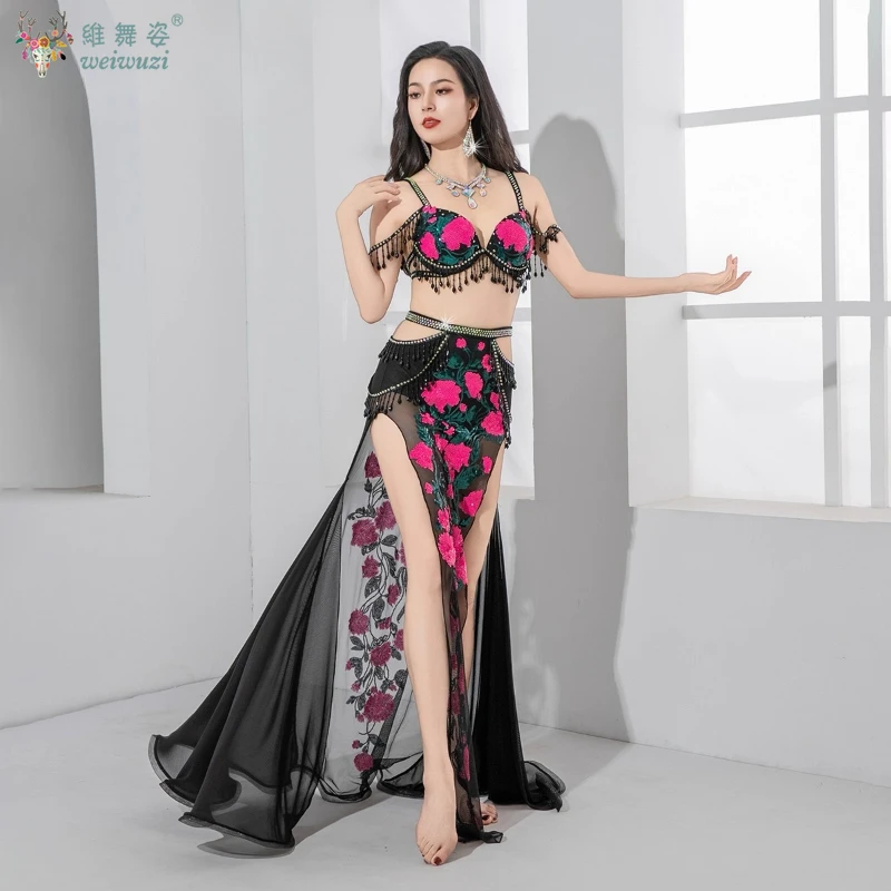 Traje de performance de dança do ventre personalizado, lantejoulas sênior bordadas, contas de cristal, conjunto de borla, roupas de competição de dança oriental