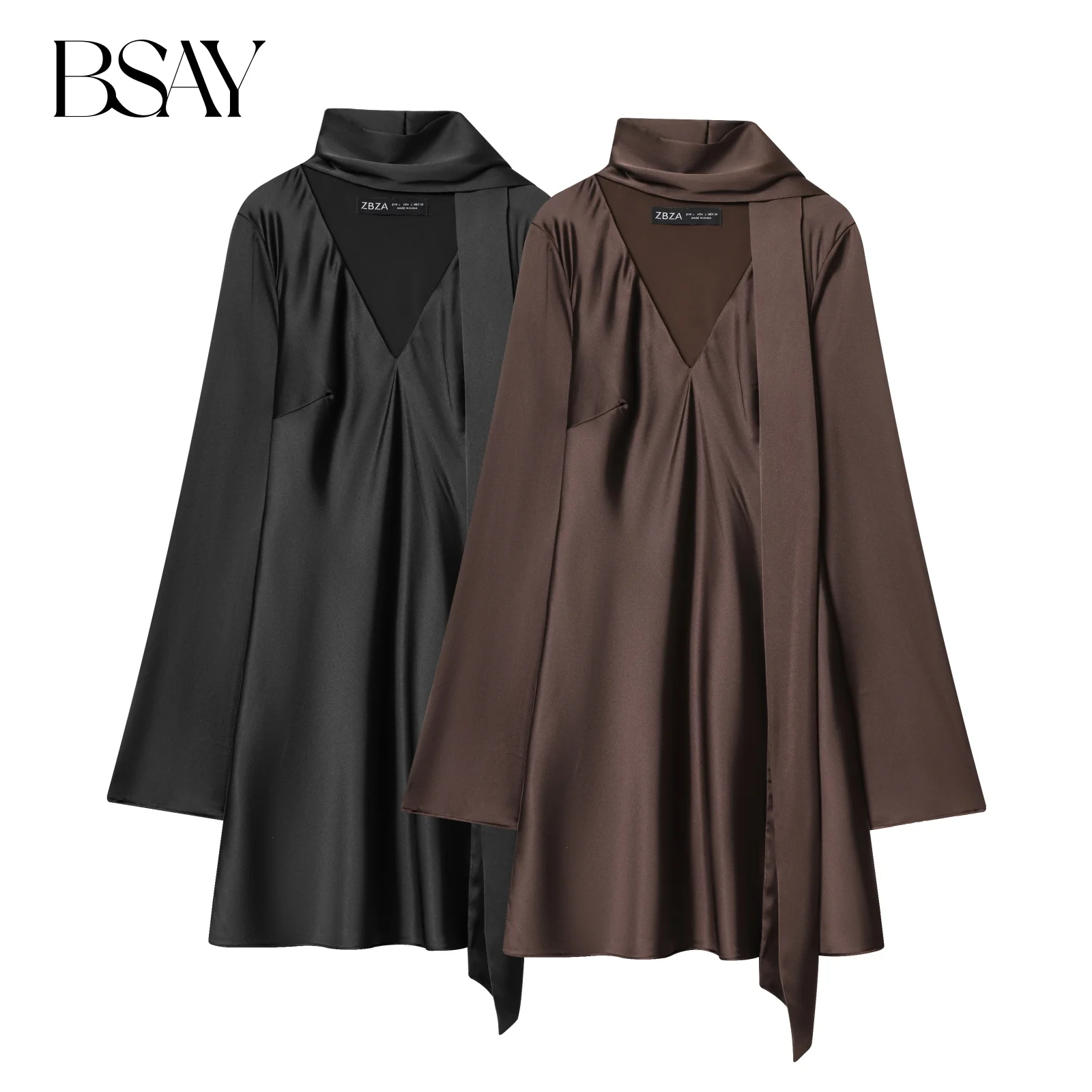 BSAY فستان ستان بني ملابس نسائية 2025 خريف جديد وشاح الديكور الفرنسية أنيقة الخامس الرقبة طويلة الأكمام ألف خط فساتين صغيرة #1