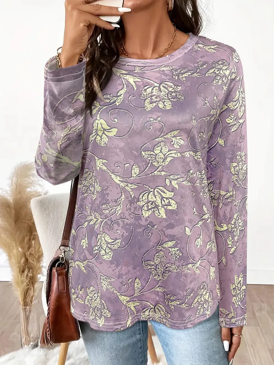 Women Crew Neck Long Sleeve Vintage Floral Vine Print Loose Casual T-shirt