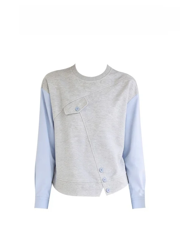

Casual Sle Spliced Sweatirt Women's Spring New Design Asymmetric Button round Ne Top Color Blo Loose Fit Long Sve