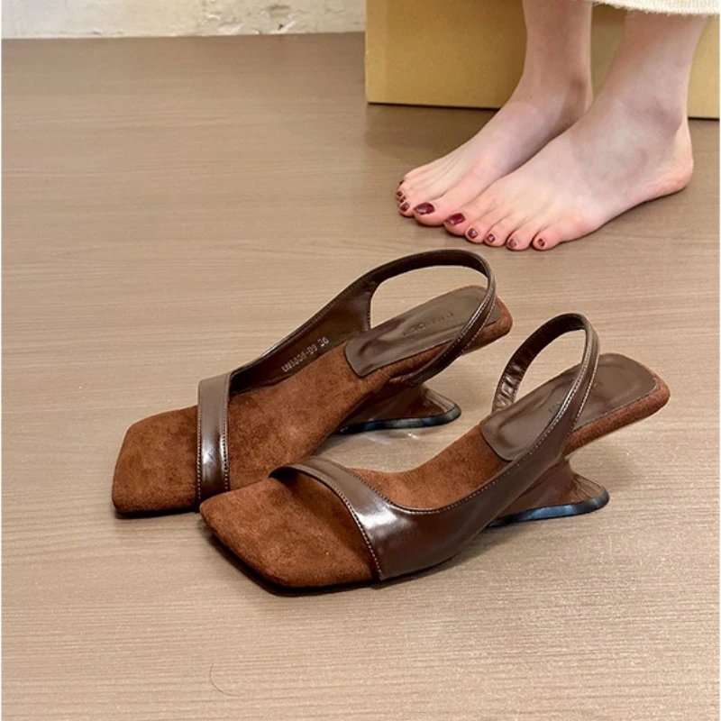 Summer Mid-high Heels Sandals for Women Sexy Leopard Print Women Fashionable Sandals Simple Special-shaped Heels Women's Shoes