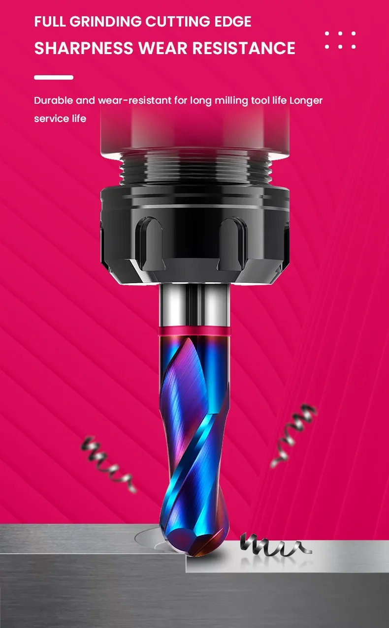 AZZKOR TGP-HRC70 2F Schaftfräser mit Farbring, blauer Nano-Beschichtung, Wolframstahl-Hartmetall-Kugelkopf-Fräser für CNC-Maschinen – Detail 9