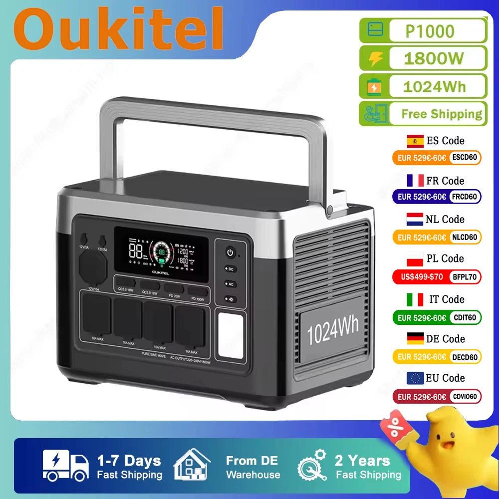 OUKITEL P1000 PLUS Portable Power Station 1800W Solar Generator 1024Wh Lifepo4 Battery Home Backup Outdoor Camping Mobile power
