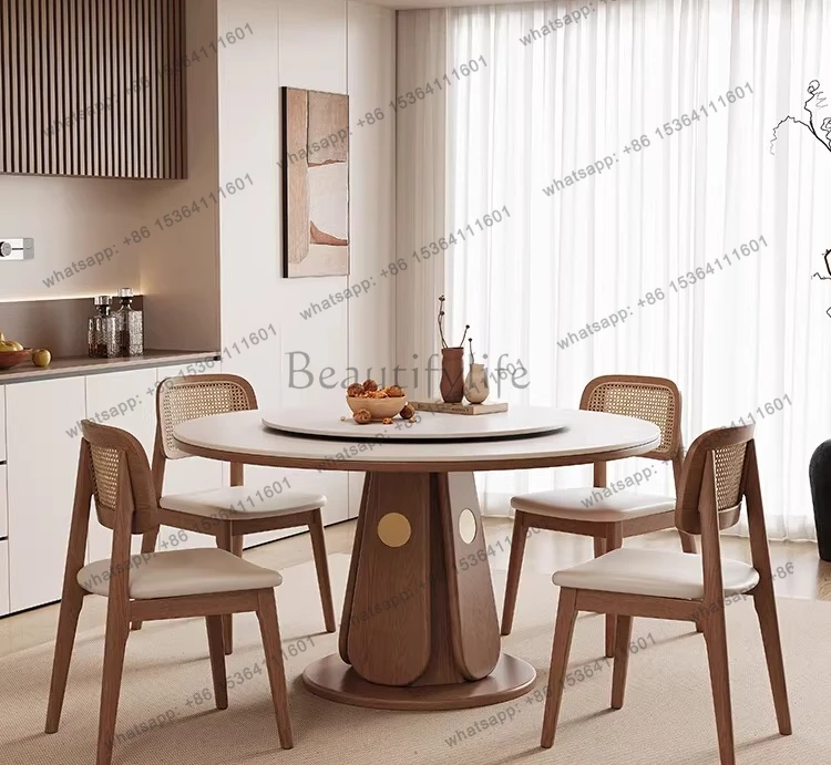 Medieval rock slab dining table with turntable Small apartment walnut solid wood round table