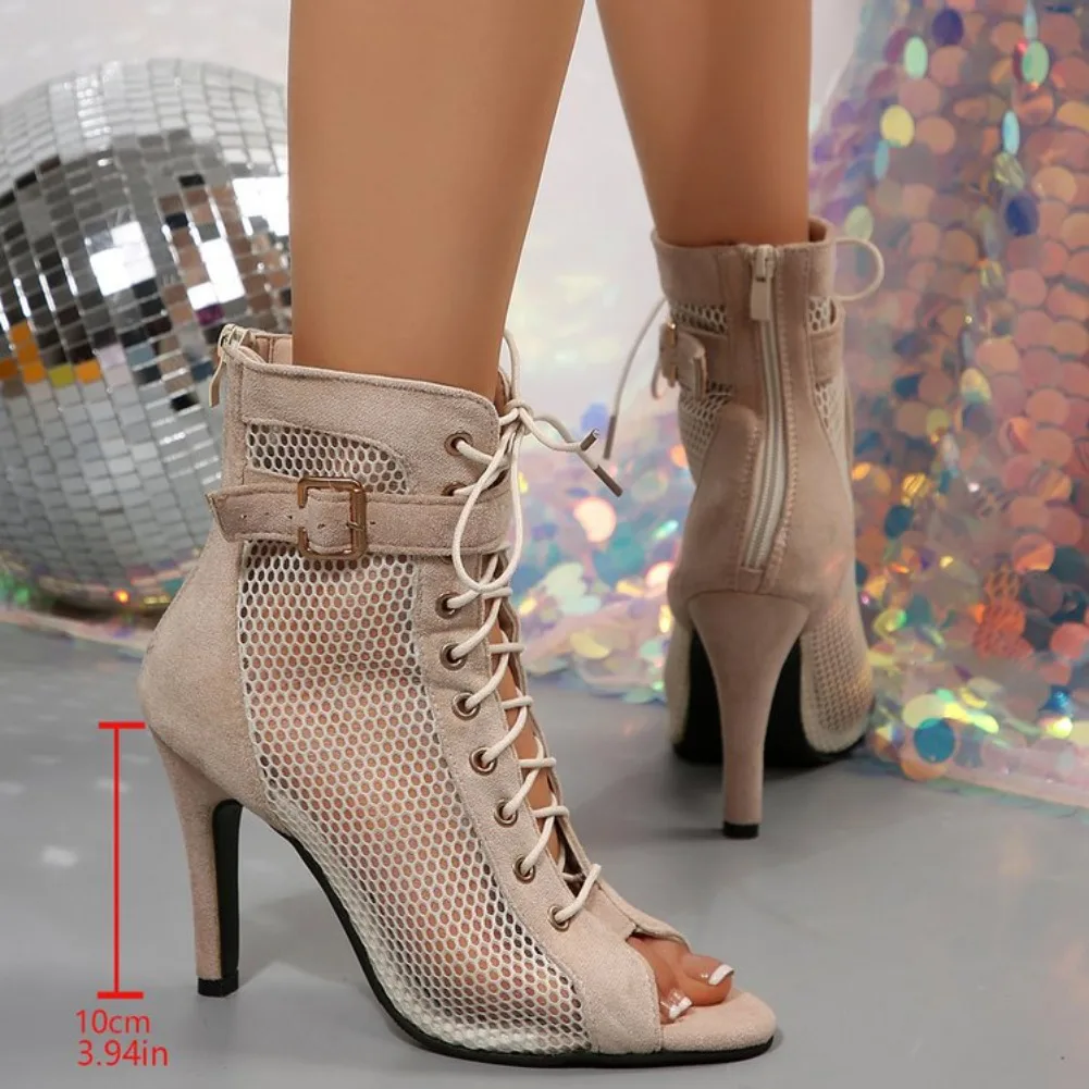 2025 new Mesh Cool Women's Summer Short Boots Net Boots Fish Mouth Large Size Thin Heel High Heel Dance Ballroom