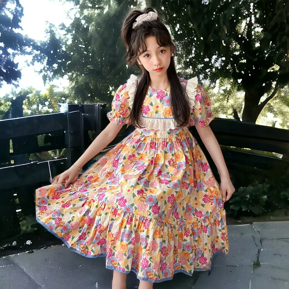 Girls Lolita Flower Dresses for Kids Outfits Party Summer Short  Sleeve Teenagers Costumes Baby Children Clothes 6 8 10 12 Years