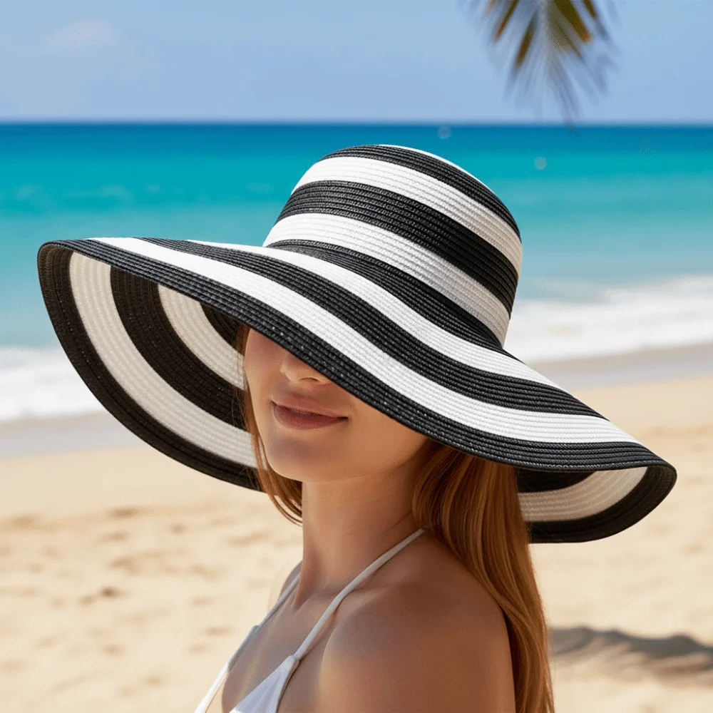 Fashion Stripe Straw Hat Foldable Sun Protection Sun Shade Hat Wide Brim Travel Cap Beach
