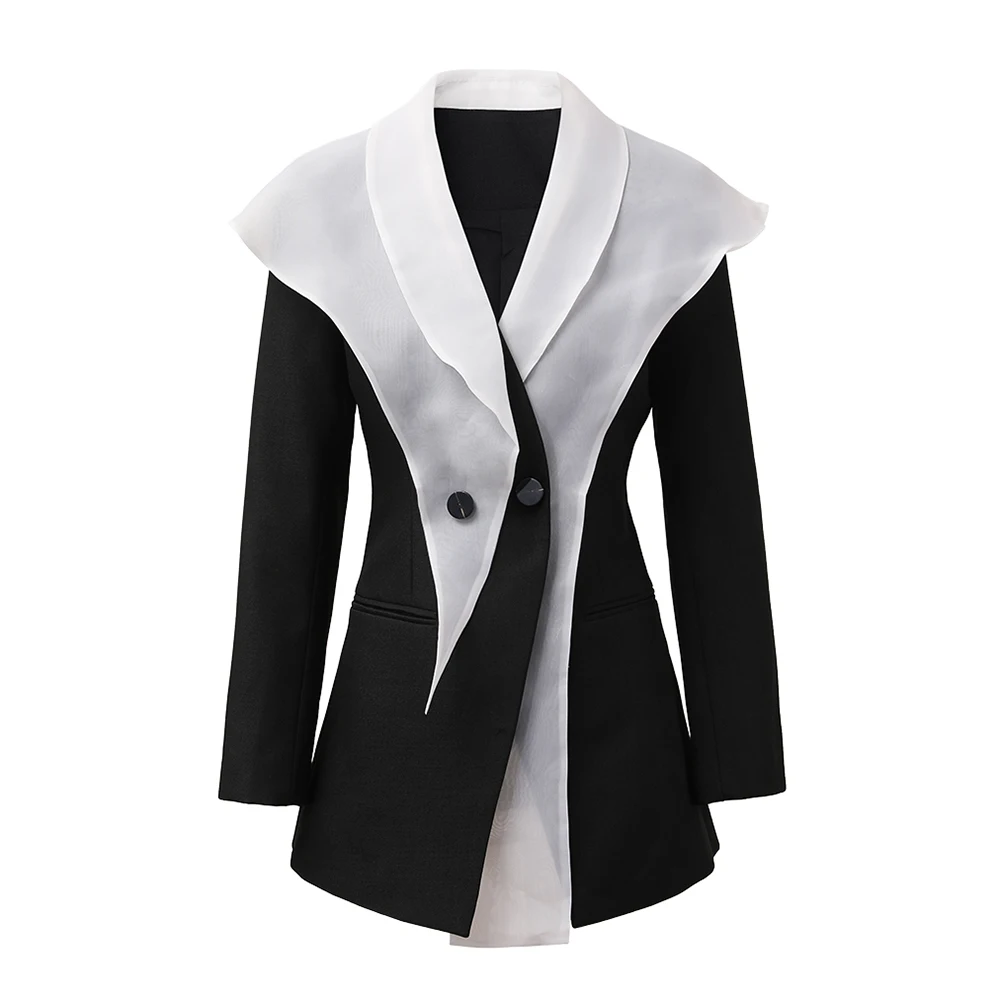 

STUDIO2025 New Advanced Bla White Splicing Design Women's Suit Jaet Double Button Waist Cinched Long Sve Commute S...