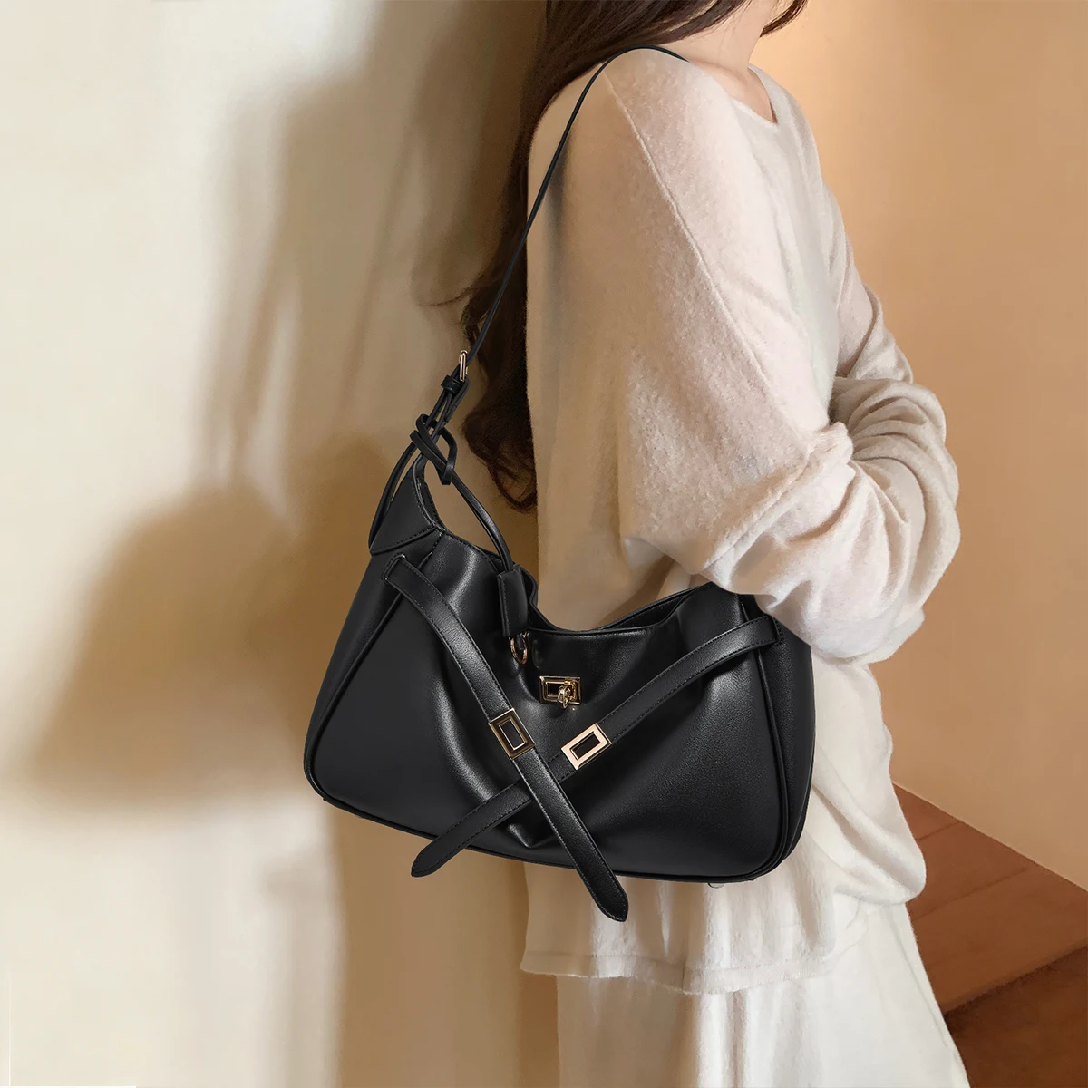 FOXER Brand Women's Synthetic Leather Shoulder Bag Elegant Chic Black Hobo Bag Lady Adjustable Strap Large Capacity Soft Handbag