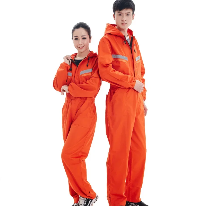 Hooded Coveralls Long Sleeve One-Piece Trousers Reflective Strip Cargo Pants Dust-proof Auto Repair Protective Suit Jumpsuit