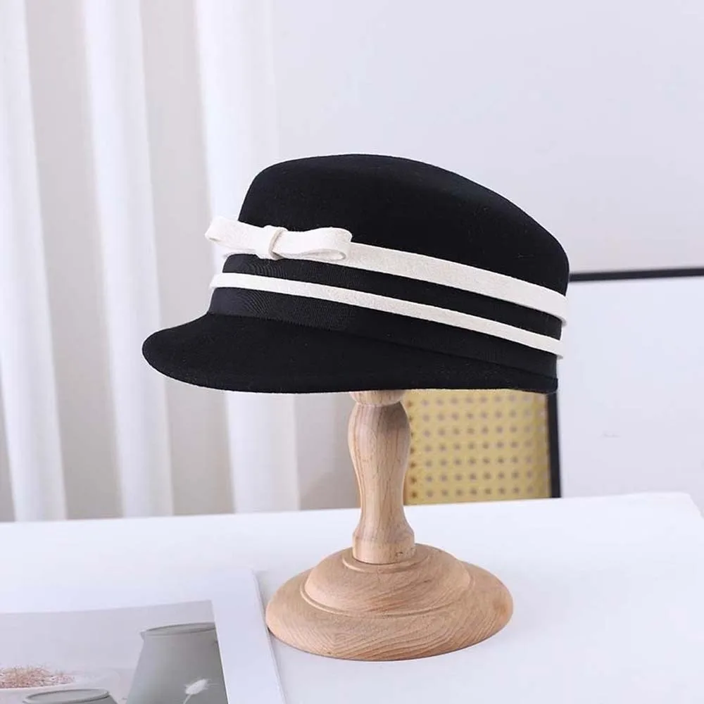 Live Show Vintage Looking Woolen Equestrian Hat Beret Bow Horse Riding Formal Hat Retro Black Peaked Flat Cap Party