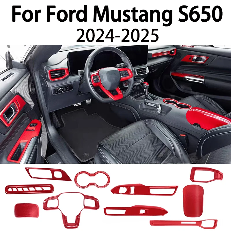 

Для Ford Mustang S650 2024 2025: Красные накладки из АБС-пластика на панель управления стеклоподъемниками, центральную консоль и панель переключения передач, декоративные полосы, элементы отделки интерьера