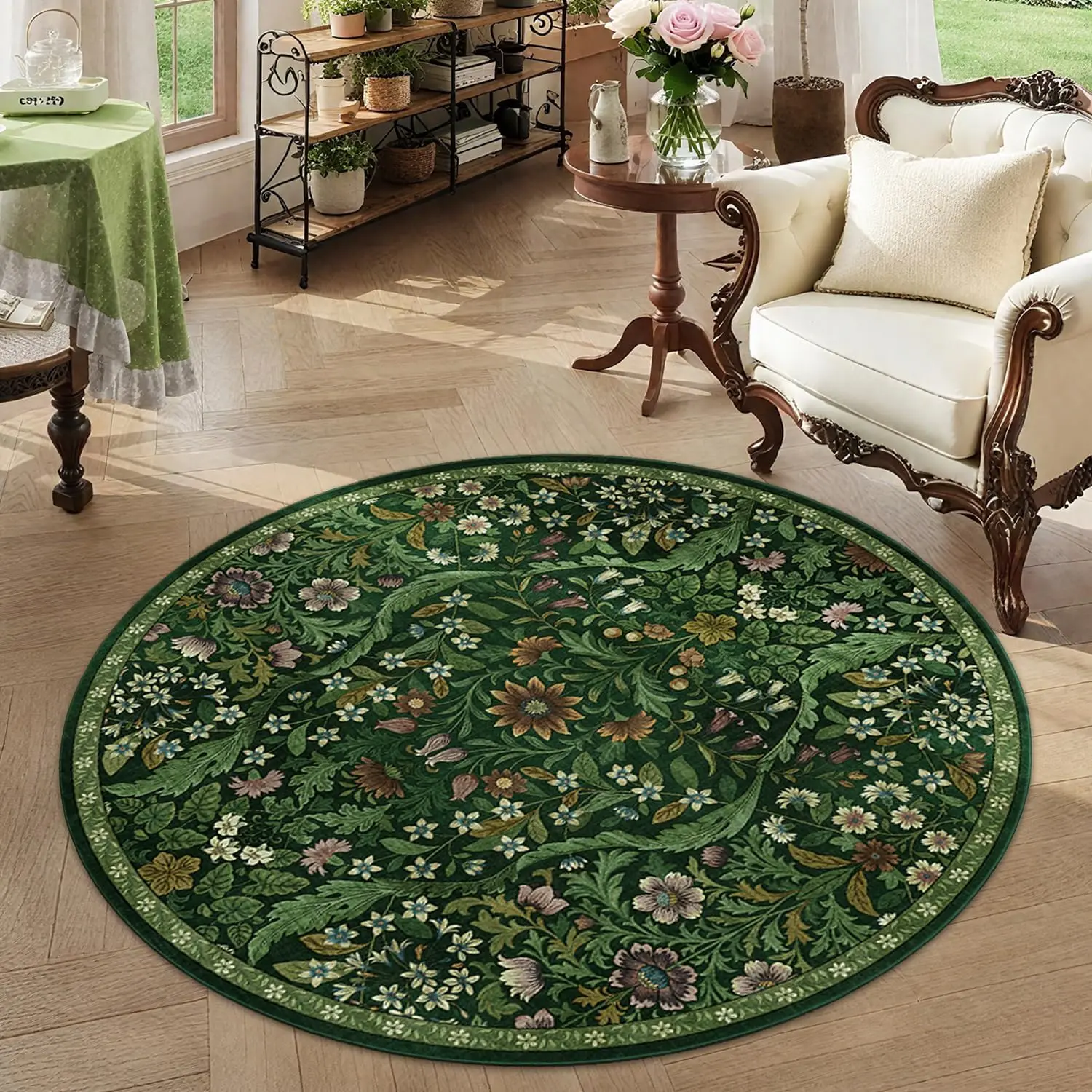Boho Cottagecore Round Area Rug Antique Earthy Floral Circle Carpet Washable Non Slip Elegant Entryway Home Floor Decor