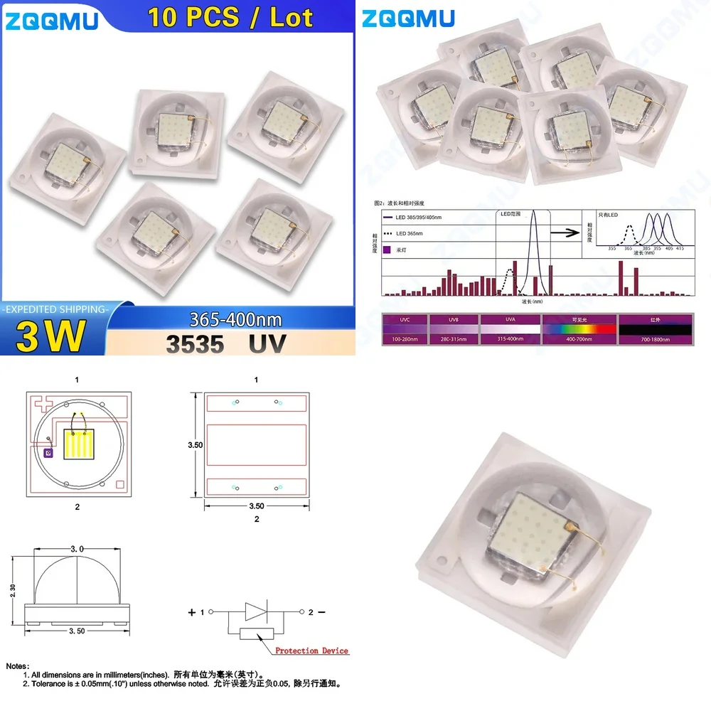 3W High Power 3535 UV LED Chip 365nm to 400nm Purple Light Lamp Bead for Banknote Detector Ceramic Base 395 385 375 nm Grow