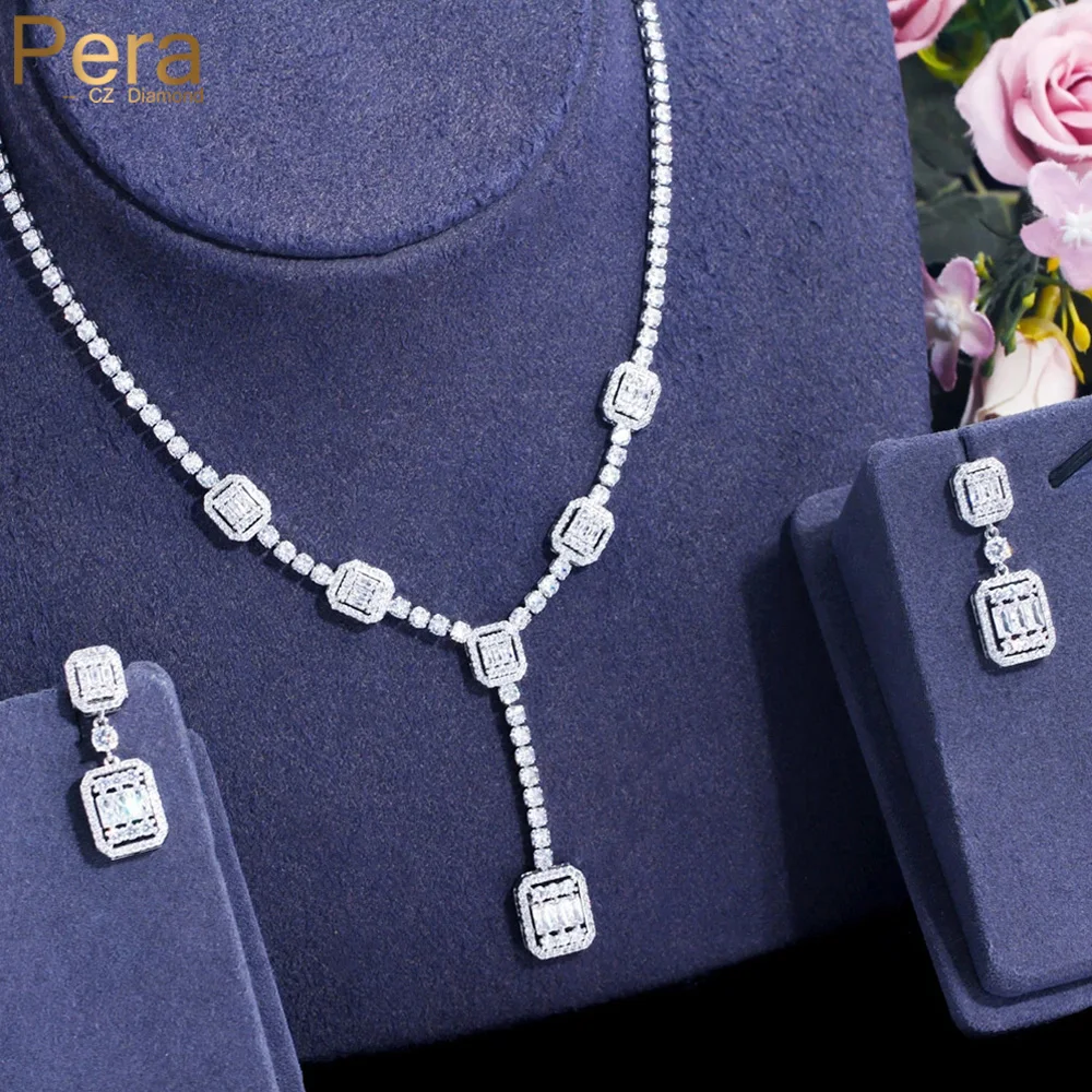 

Pera African Baguette CZ Stone Long Dangle Drop Necklace and Earrings Bridal Wedding Cubic Zirconia Jewelry Sets for Women J504