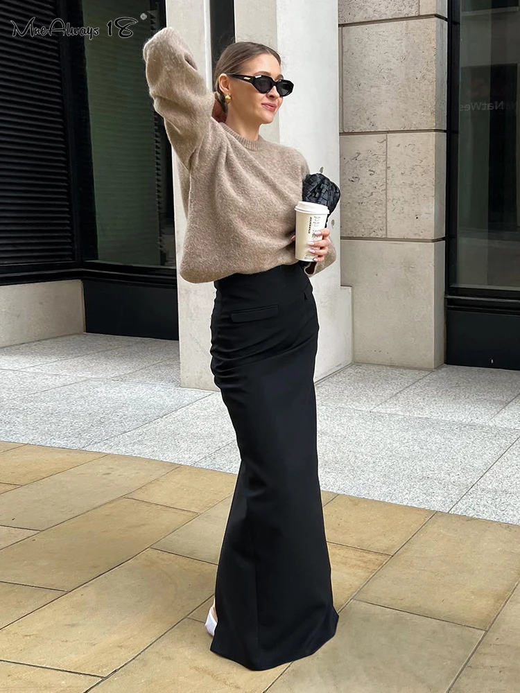 Mnealways18 Elegant Office Black Floor-Length Mermaid Skirts Women Ruched High Waist Chic Split Skirts High Street Female Skirts