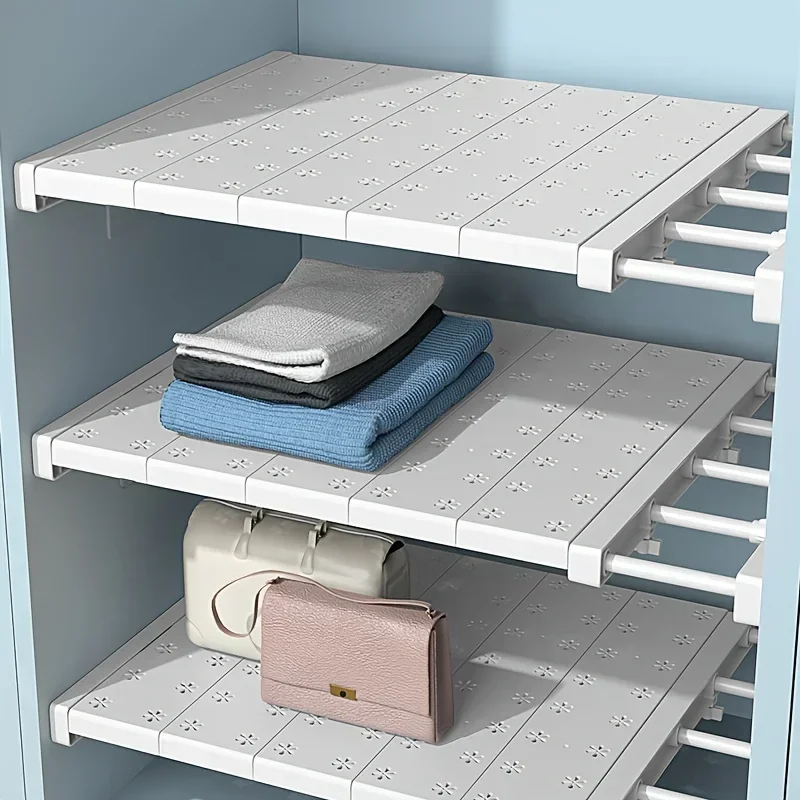 Adjustable No-Drill Shelf Organizer -Metal & Plastic Storage Partition for Kitchen, or Wardrobe - Versatile Telescopic Organizer