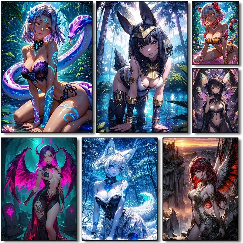 

Fantasy Art Sexy Cartoon Animal Roleplay Anime Girl Dark Demon Witch Abstract Poster Canvas Painting Wall Art Picture Home De