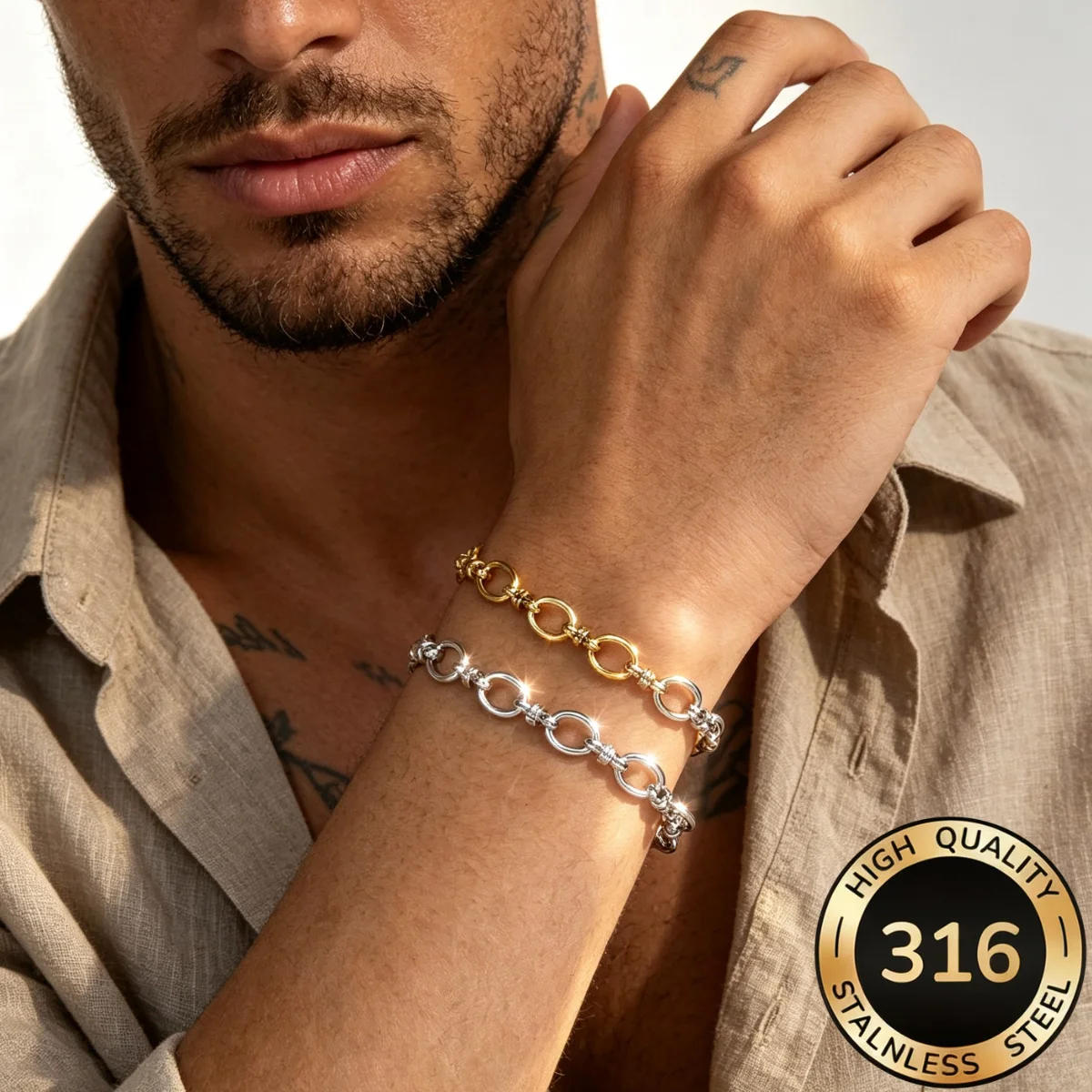 Punk Edelstahl Einfaches Glieder-Ovalkettenarmband für Männer und Frauen, Rock, Wasserdicht, Basis-Layering-Armband, Metallschmuck-Deko