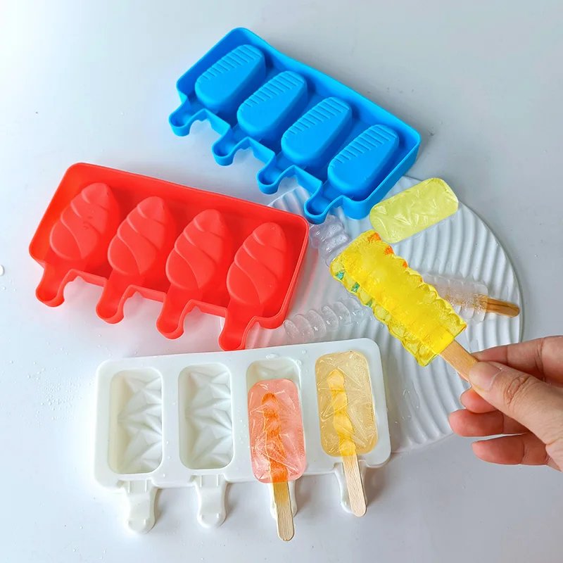 6 PCS a Set Food Grade Silicone Ice Cream Mold 4-cavity with Cover Popsicle Ice Pop Mould Homemade Ice Cream Molds