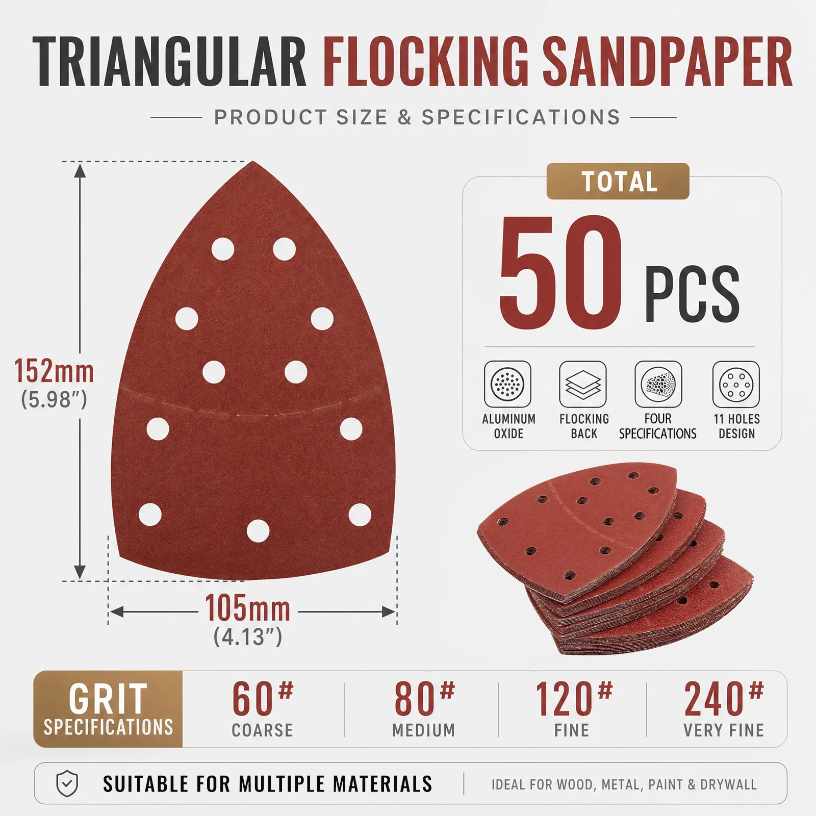 Mouse Detail Sander Sandpaper 152x105mm Aluminum Oxide Triangle Sanding Pads 60 80 120 240 Grit for Wood Metal Drywall Furniture