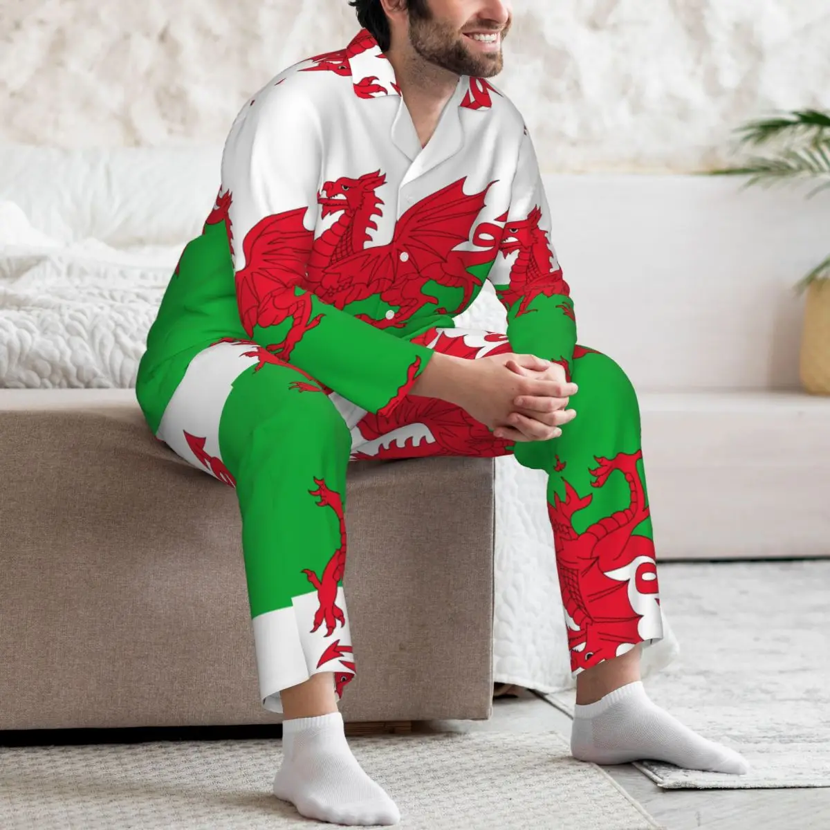 Men's Home Suits Long-sleeved Wales Flag Suits for Autumn and Winter Pajamas for Men