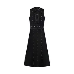 Hot Sale Women Long Dress Elegant Fashion Slim Sexy Sleeveless Beading Female Vintage Vestidos Black Party Dresses De Festa