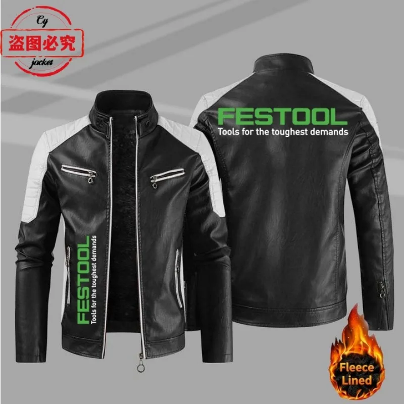 EU Size Festool Logo Printed Work Clothes Spring and Autumn Vintage Washed PU Leather Jacket Four Seasons Windproof Men's Jacket