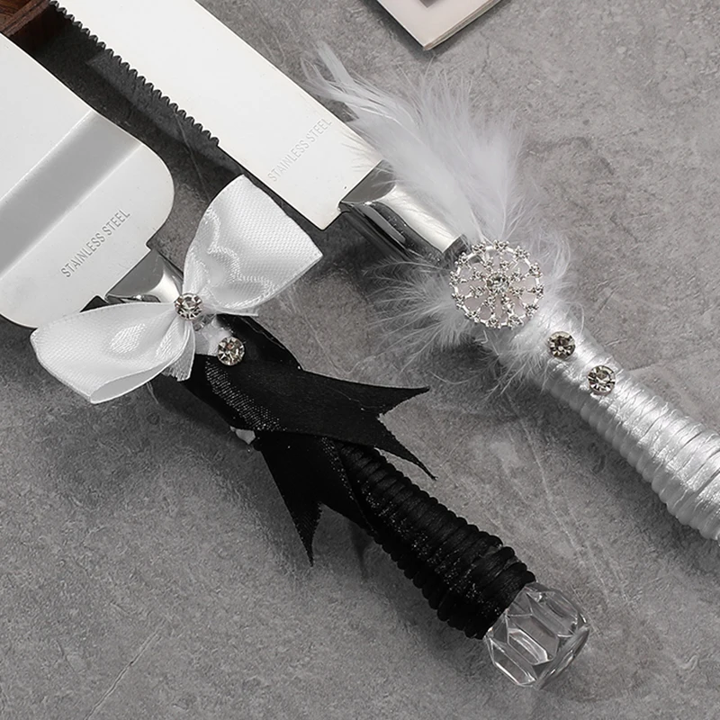 Роскошный французский набор для выпечки торта с черно-белым бантом, инструменты для выпечки с посеребренными перьями из нержавеющей стали