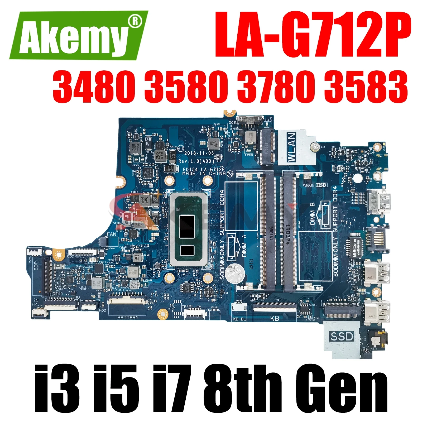 

For DELL 3480 3580 3780 3583 Laptop Motherboard LA-G712P CN-05CF0M 0VFMW4 0C75M5 Mainboard With I3 I5 I7 8th Gen CPU