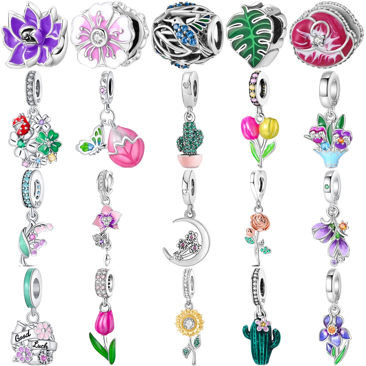 Original 925 Sterling Silver Hummingbird Leaf Cactus Lotus Rose Tulip Charm Beads for Pandora DlY Bracelet Women's Jewelry Gifts