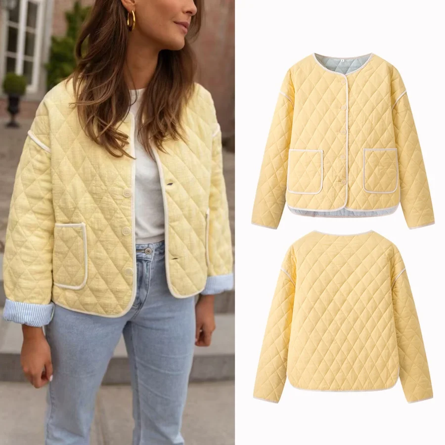 

2025 Autumn Women's Casual Quilted Lightweight Jacket Fashion Round Neck Full Sleeve Button Striped Lining Loose Coat Outerwear