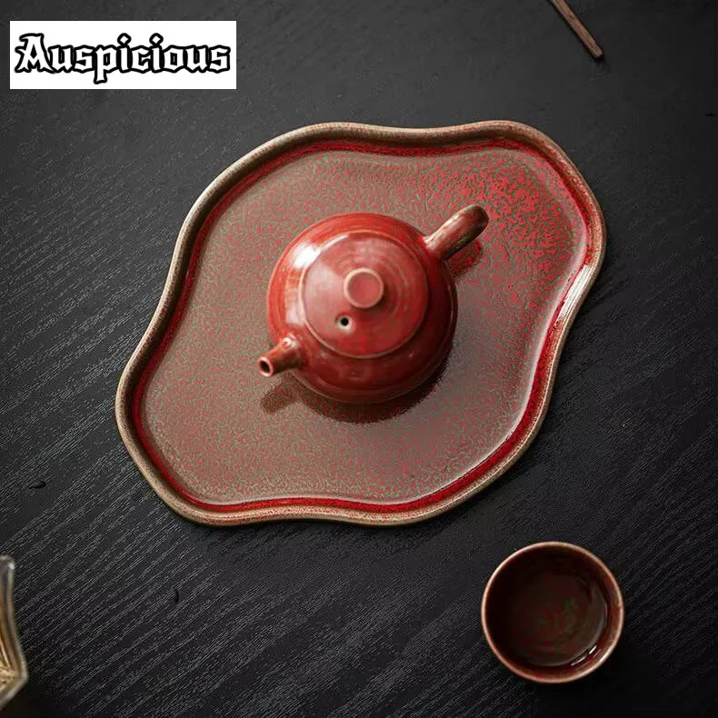 Retro Garnet Red Ceramic Tea Fruit Tray Japanese Small Tea Table Dry Bubble Holder Teapot Base Zisha Pot Holder Kung Fu Teaset