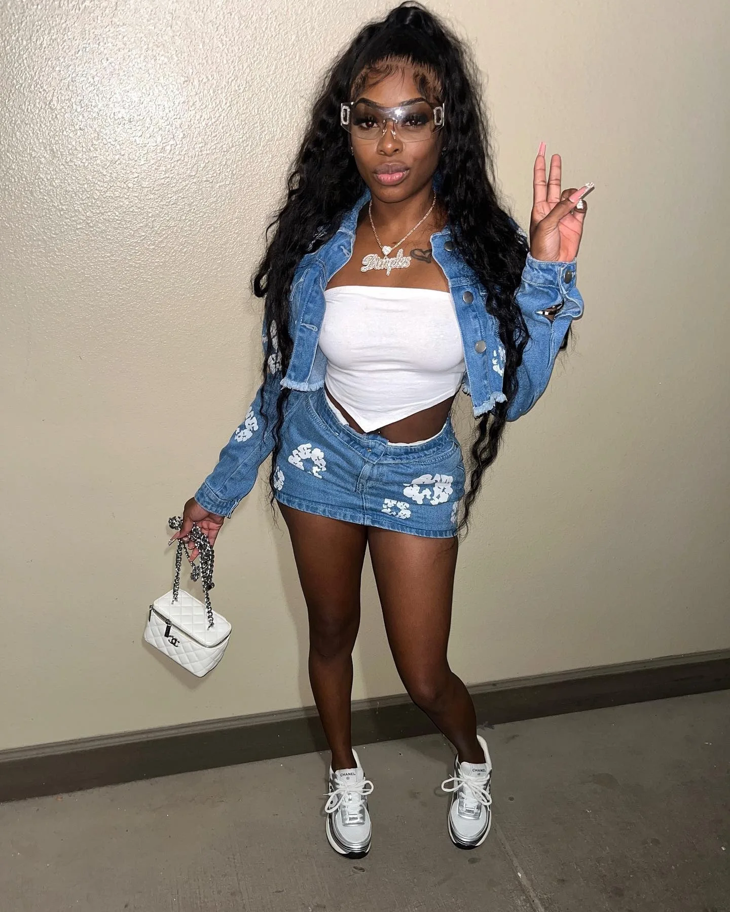 

Spring Fashion Flower Print Blue Denim Two Piece Sets Streetwear Women Button Long Sleeve Crop Top and Mini Skirt Matching Set