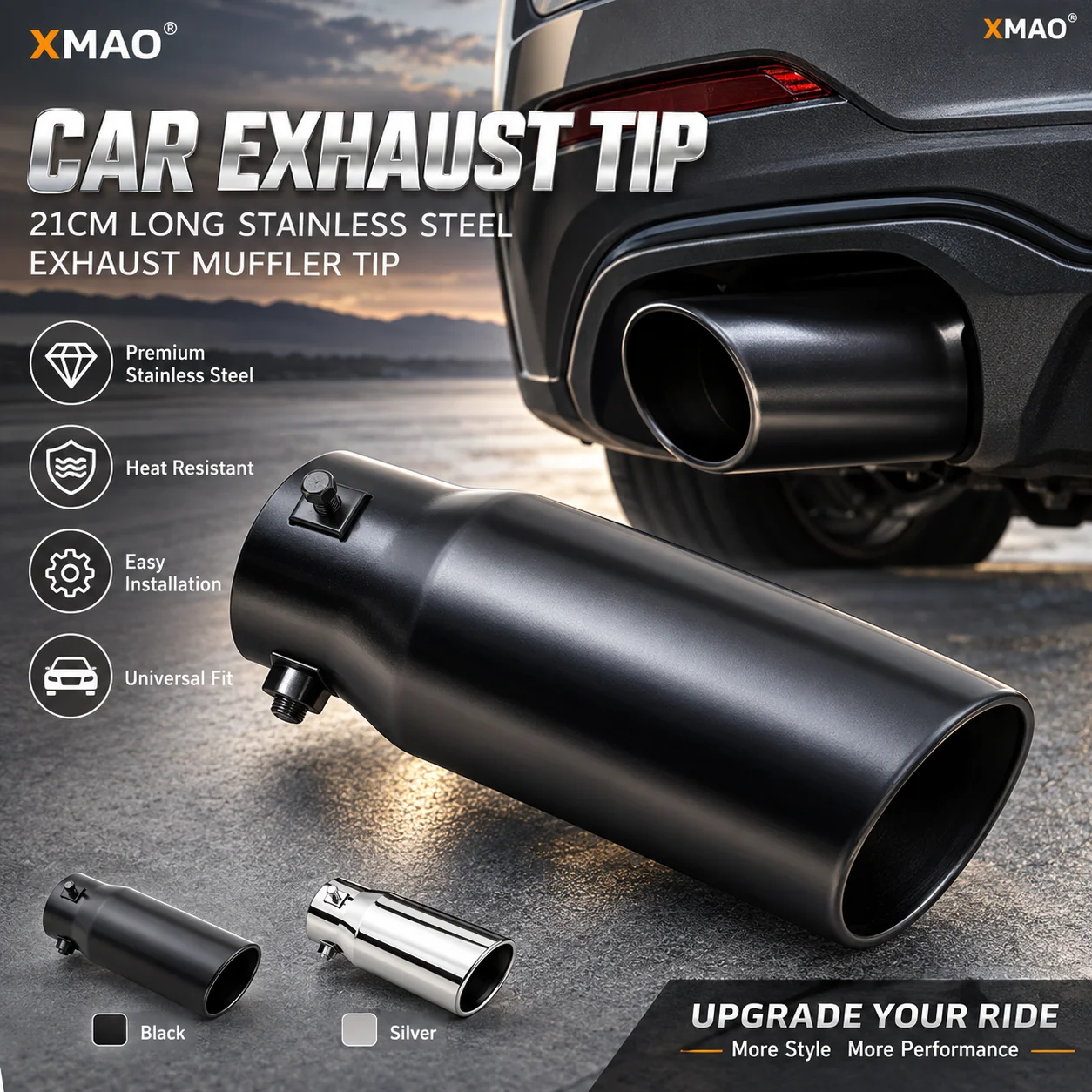XMAO Stainless Steel Car Exhaust Tip 21CM Extended Tail Pipe 2.48in Inlet Clamp-On Muffler Tailpipe Black Silver Auto Trim Cover