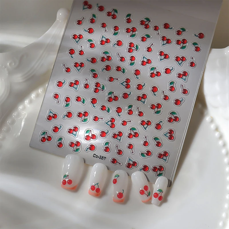 1 Sheet Chic Self Adhesive Manicure Decal Lovely Red Fruit Strawberry Bowknot 5D Nail Art Stickers DIY Accessories