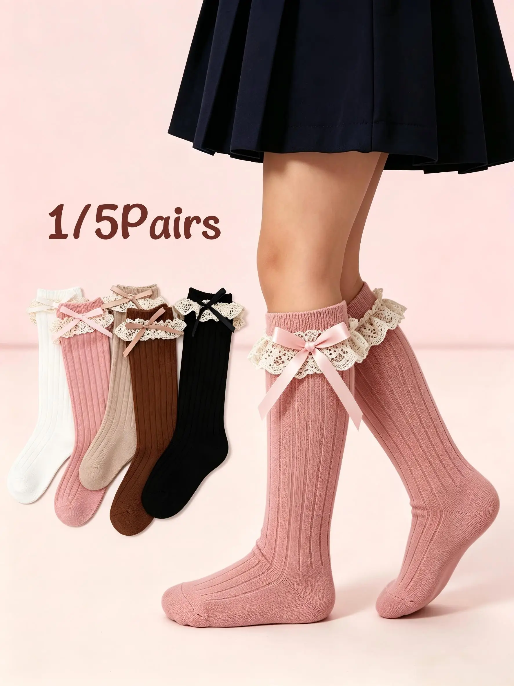 1/5Pairs Toddler Girls JK Princess Socks 0-8Y Lace Bow Ribbed Mid-Calf Nylon Spandex Cute Lace Trim Summer Casual Daily Socks