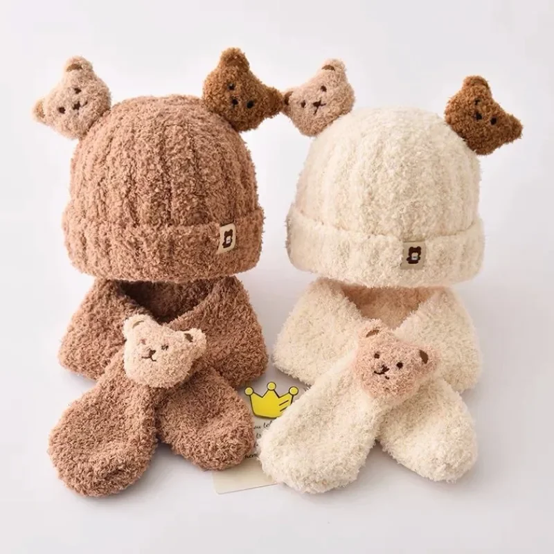 Autumn Winter Baby Hat Scarf Two-piece Set Cartoon Bear Kids Beanies Cap Infant Toddler Warm Woolen Hats Boys Girls Accessories