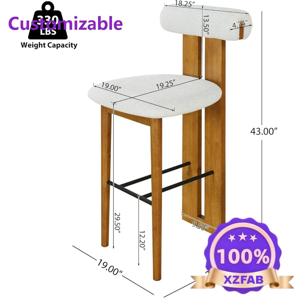 Factory Direct 2026 Set of 2 Wood Upholstered Barstools,Walnut Finish Rubberwood Frame,Cloud-Top Backrest,Mid-Back Modern