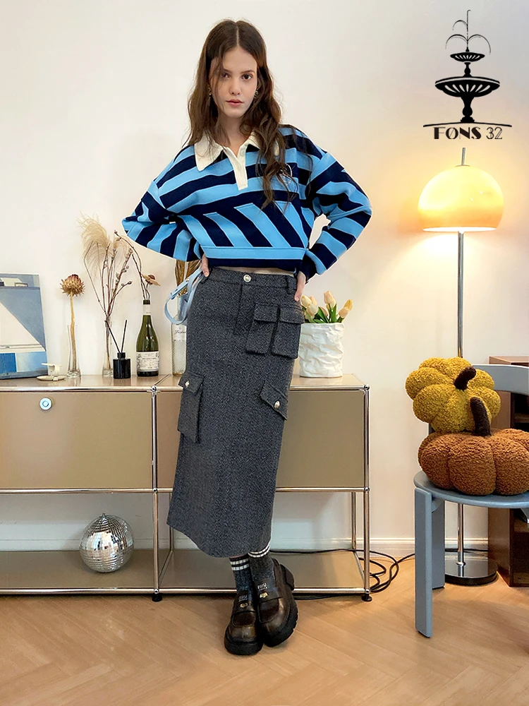 

Зимняя шерстяная юбка FONS32 2024 с разрезом, прямая юбка-труба средней длины с завышенной талией