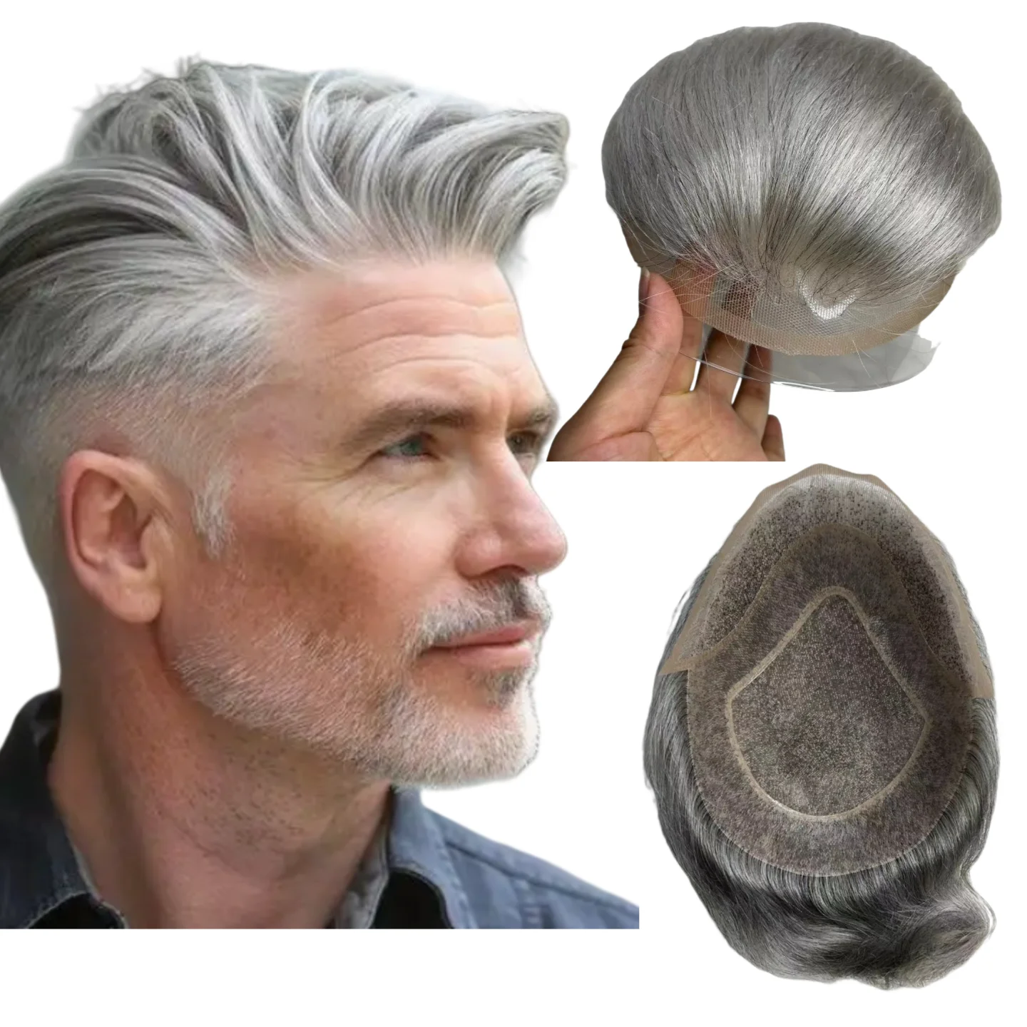

60% Grey Hair Men Toupee Human Hair 1B40 Color For Senior Man Realistic Looking Hair System Lightweight & Comfortable