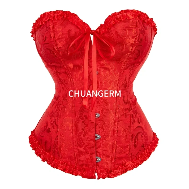 CHAUNGERM Women Corset Top Jacquard Overbust Bustier Victorian Sexy Lace up Floral Lingerie Korset Vintage Gothic Basques Costum view 5