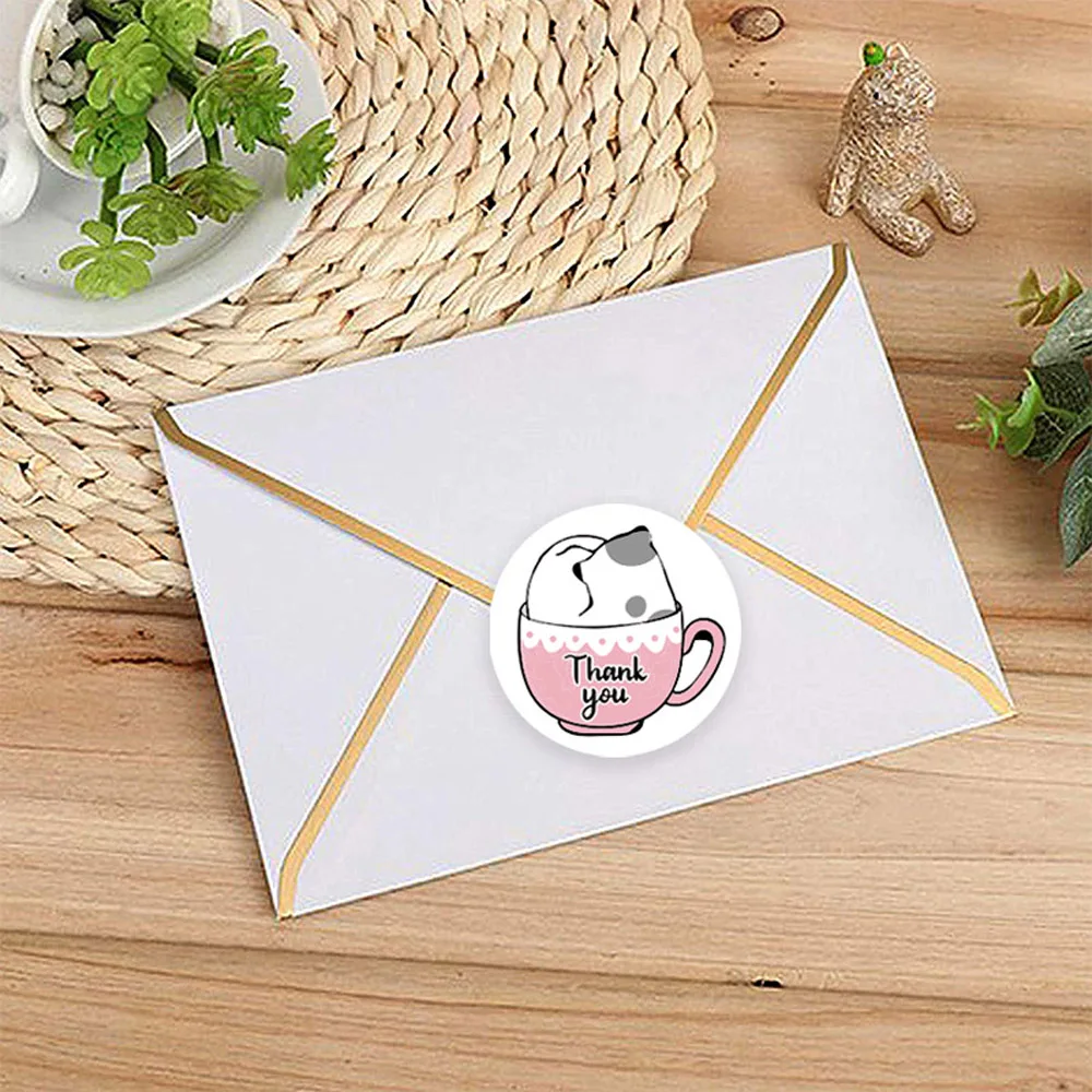 Pegatinas de gato Kawaii para tarjetas de felicitación, sello redondo de animales de dibujos animados, papelería de decoración de regalo, 100-500 piezas
