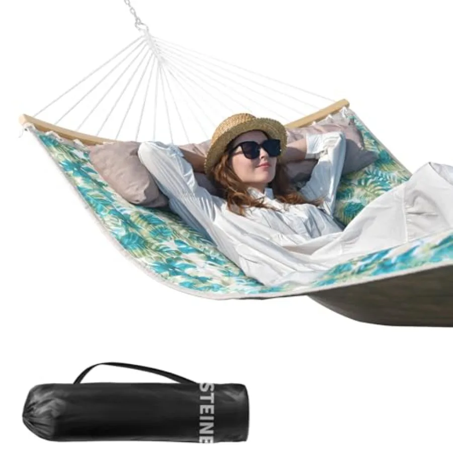 

Double 11 FT Quilted Fabric 2 Person Outdoor Hammock with Pillow Folding Curved Spreader Bar Chains Carrying Bag Indoor Outdoor