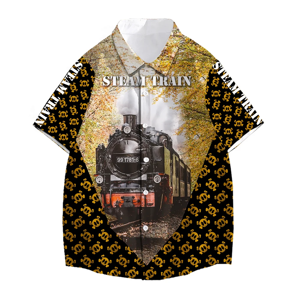 SONSPEE Steam Train 3D Print Botton Shirt  Unisex Punk Retro Mechanical Blouse Short Sleeve Hip Hop Railway Sports Tops