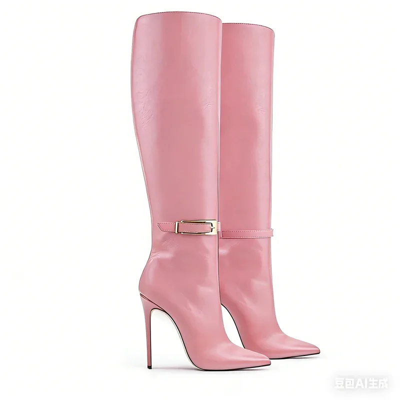Metall Dekoration Leder Kniehohe Stiefel Sexy Spitz Solide Zipper Akzeptieren Angepasst Neuheiten Mode Frauen Stiefel