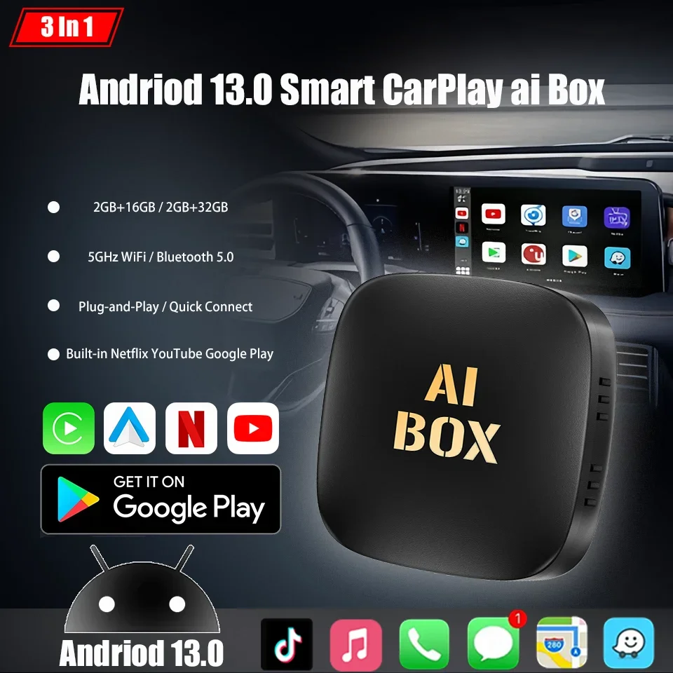 

Android13 Ai Box Wired to Wireless 3in1 Smart Multimedia Box Android Auto & Apple Carply Built-in Netflix YouTube Google Play