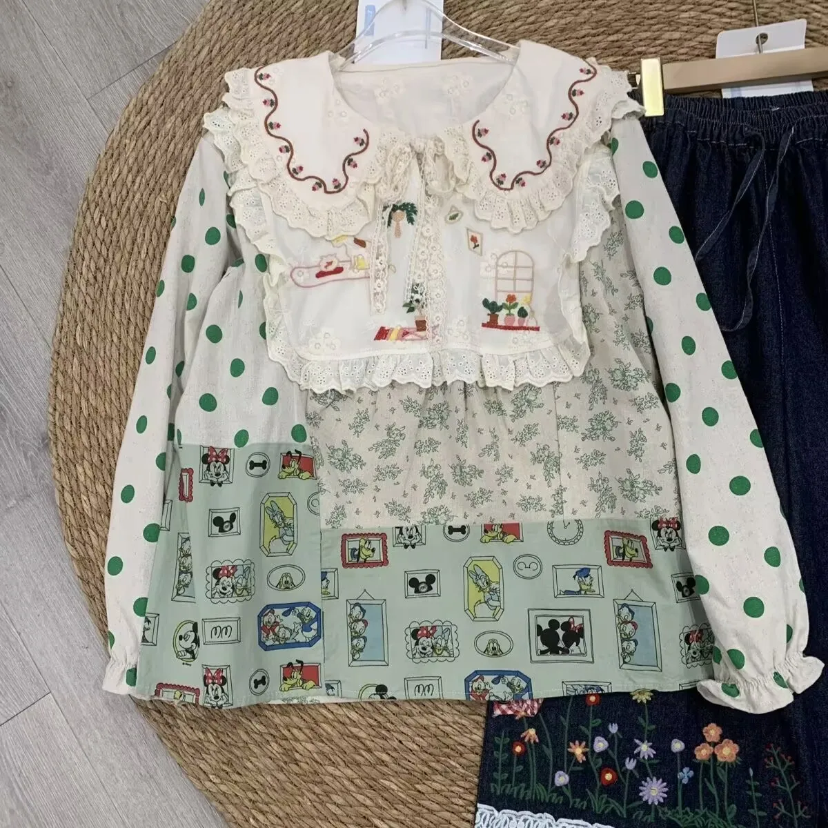 Mori retalhos camisa de algodão feminino vintage bordado peter pan colarinho manga longa algodão linho topos mori kei roupas